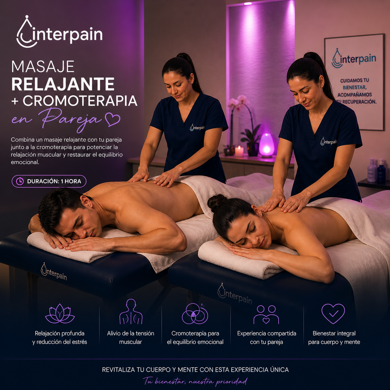 Masaje Relajante en Pareja + Cromoterapia Interpain